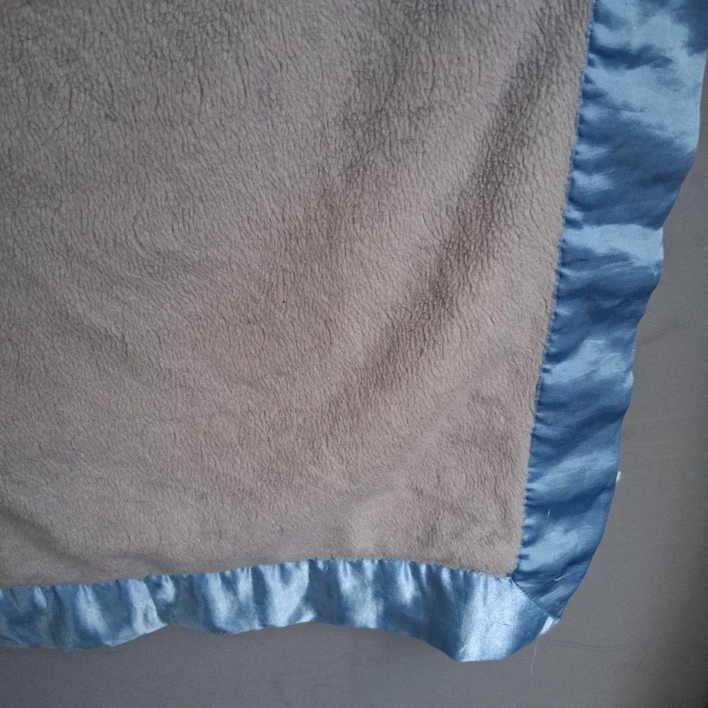 Vtg Y2K Blue Grey Patchwork Lion Baby Security Blanket Dot Satin Trim Lovey